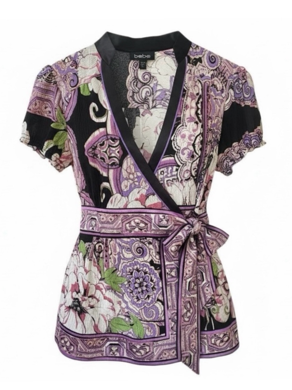 Bebe Pink & Black Floral Print V-Neck Wrap Short Sleeve Silk Blouse Size Medium